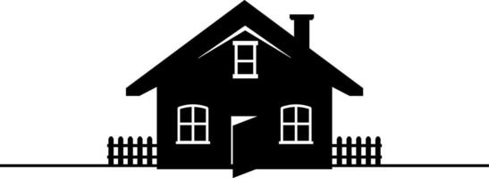 black illustration of a simple house with windows and a fence and an open door without a background vector