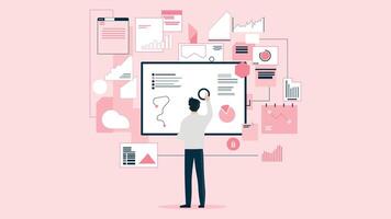 Businessman interacting with digital infographics and data charts. Concept of data analysis, statistics, report visualization, and project management on a pink modern background. vector