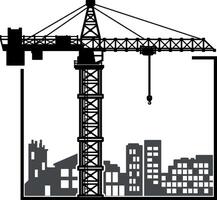 Black silhouette of a tower crane lifting a square frame, with stylized buildings and cityscape in the background. Isolated on transparent background. Ideal for construction or urban-themed projects. vector