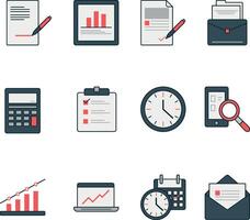 Minimalist business icon set with charts, documents, clocks, calendars, and communication tools. Perfect for office, finance, or productivity themes. vector