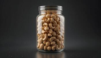 Cashew Nuts in Glass Jar Healthy Snack on Dark Background Still photo