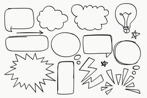 Cartoon speech bubbles in various shapes, including starburst , cloud,bolt,light bulb,arrows and rectangular forms. vector