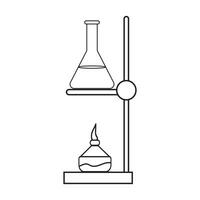 Illustration of a laboratory setup featuring a round-bottom flask being heated by a flame. vector