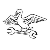Swan Perching on Spanner Wrench Retro Mascot vector
