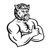Angry Wild Boar Pig Man with Arms Crossed and Thumb Up Retro Mascot vector