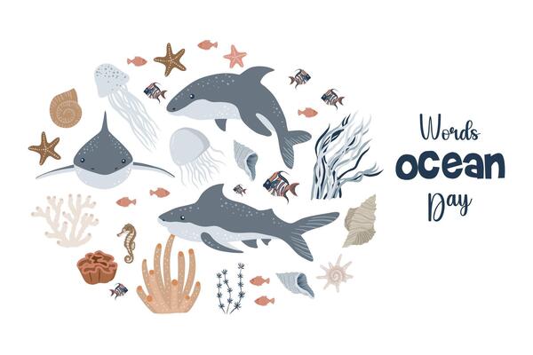 World Oceans day postcard on a white background