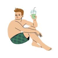 Man Relaxing with Cocktail in Shorts on Beach vector