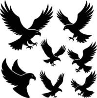 Collection of Flying Eagle Silhouettes in various attack and landing poses, black icons with spread wings and sharp details vector