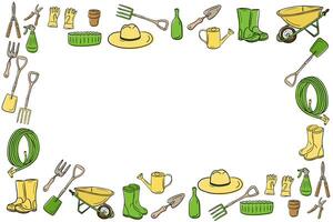 Horizontal frame made of gardening tools and equipment arranged around empty white space. Concept of farming, spring gardening and eco-friendly lifestyle with space for text vector