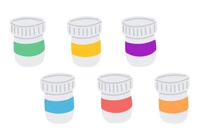 Set of colorful paint jars with screw caps on white background in flat hand drawn style. Creative tool collection representing art supplies, craft and inspiration vector