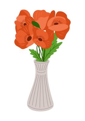 Red poppy flowers in a tall beige vase with green leaves on a white background. Symbol of remembrance, peace and nature in minimalist floral home decor
