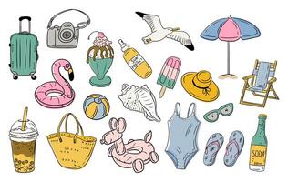 Hand drawn summer icon set with beach items, sweets, drinks and accessories on white background. Collection representing vacation, leisure and tropical holiday vibes in playful style vector