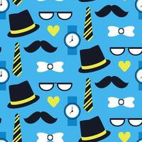 Seamless pattern with hats, ties, mustaches and watches on a bright blue background. Celebration of fatherhood, masculinity and gentleman style in a fun graphic design vector