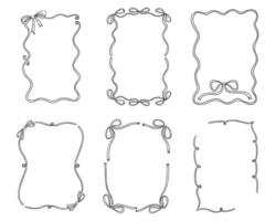 Set of hand drawn decorative frames with bows and wavy lines in black outline on white background. Concept of vintage border elements, greeting card design and elegant framing vector