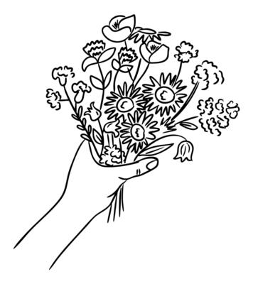 Hand holding a bouquet of wildflowers in a delicate black line drawing style. Symbolizes giving, care, and appreciation through a minimal floral gesture