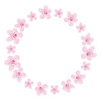 Round floral frame with delicate pink cherry blossoms arranged in a soft circular wreath. Represents spring, tenderness and romantic elegance with space for text in the center vector