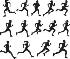 A collection of diverse runner silhouettes in dynamic poses vector