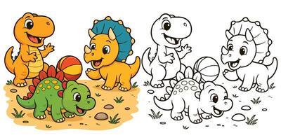 Playful Dinosaur Friends Coloring Set Cute Dino Trio with Ball Color And Outline Versions vector