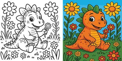 Cute Dinosaur Coloring Set Adorable Dino in a Flower Garden Color and Outline Versions vector
