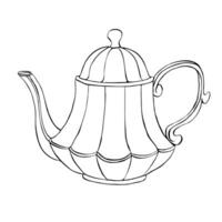 Line art teapot in Victorian style, illustration. Hand drawn contour sketch on isolated background. Linear drawing vector