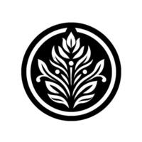 Elegant black and white floral emblem in circle, minimalist vector