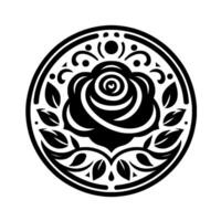 Decorative black rose emblem in circular frame, monochromatic vector