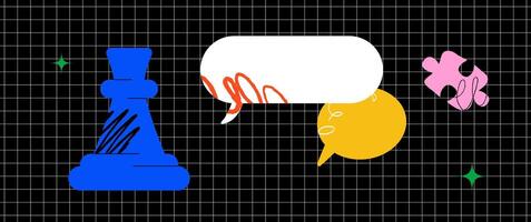 A bright stylized banner with a chess rook, speech bubbles and a piece of a puzzle next to it. A metaphor for finding solutions and strategic thinking. vector