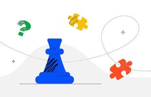 Abstract illustration with a chess rook, a question mark and colorful puzzle pieces connected by dotted lines. A metaphor for strategic thinking, problem solving, and process organization. vector