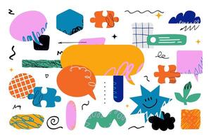 A collection of various geometric and organic shapes, speech bubbles, puzzle pieces and other decorative elements with various textures and doodles. vector