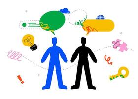 An abstract and colorful illustration depicting two stylized figures surrounded by speech bubbles, doodles and other abstract elements. A concept for collaboration, communication, ideas, vector