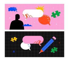 A set of bright horizontal banners with speech bubbles, a human silhouette, a large pencil, puzzle pieces and clouds. Abstract design template for psychological themes and announcements. vector