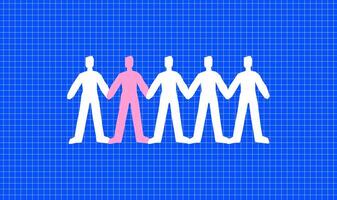 An abstract illustration showing a row of paper-cut figures holding hands. Four white figures and one different color, pink. The concept of individuality in society, unity and sharing. vector