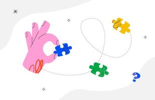 A hand holding a blue puzzle piece, with other colorful puzzle pieces floating around and a question mark below. Concept for problem-solving, finding solutions, and the search for answers. vector