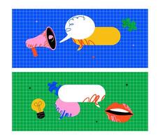 A set of bright horizontal banners with speech bubbles, a speaker, lips, puzzle pieces and a light bulb. Design template for announcements and notifications. vector