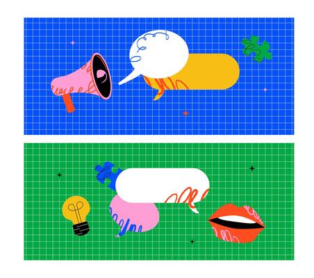 A set of bright horizontal banners with speech bubbles, a speaker, lips, puzzle pieces and a light bulb. Design template for announcements and notifications.