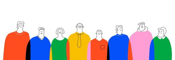 A simple and colorful graphic illustration depicting a group of stylized people standing together. The concept of society, community and a variety of personalities. vector