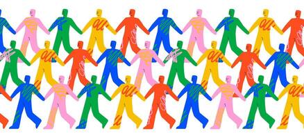A bright crowd of abstract human figures walking and holding hands. A symbol of society, unity, cohesion and interaction. vector