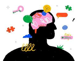 A silhouette of a head with a pink brain inside, surrounded by various graphic elements, a light bulb, puzzle pieces, speech bubbles, a key and abstract doodles. The concept of thinking, creativity. vector