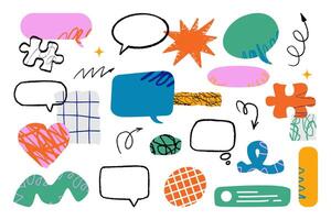 A collection of diverse doodle-style elements, including speech bubbles, puzzle pieces, stars, hearts, arrows, abstract shapes, and textured patches. vector