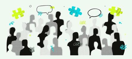 A halftone abstract crowd of people and doodle speech bubbles and puzzle pieces above them. The concept of society, partnership and communication. vector