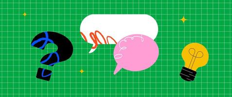 A bright stylized banner with a question mark, speech bubbles and a light bulb next to them. A layout for an announcement, educational project, presentation, or website. vector