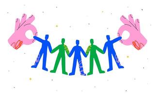 A row of stylized figures cut out of paper, which are controlled from above by two large hands. The concept of management, social manipulation, or external influence on a group. vector