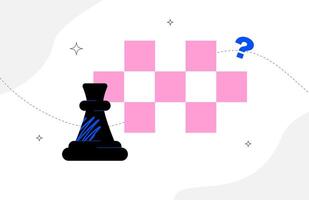 Abstract illustration with a chess rook, checkerboard background and a question mark connected by a dotted line. The concept of strategic planning, uncertain outcomes, and doubts about the next move. vector