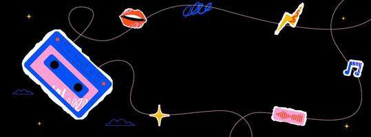 Vivid retro-style illustration with cassette tape, lips, lightning, musical note and sound wave symbol and abstract doodles. Template design for music and podcast themes vector