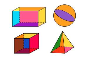 Colorful Happy 3D Geometric Shapes of Sphere, Cube, Cuboid, Pyramid Objects vector