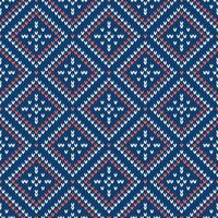 Winter knitted pattern. Nordic ethnic style ornament with snowflakes and rhombs. Holiday background. Diamond pattern seamless texture, blue red vector