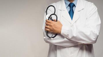 Close-up of a doctor in uniform holding a stethoscope standing with arms crossed on a gray background. photo