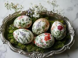 Decorative eggs with floral designs arranged on moss in a vintage silver tray, surrounded by delicate flowers. photo
