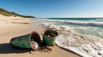 Two tilted trash bins on a sandy beach by the ocean, with waves gently lapping at the shore under a clear blue sky. photo