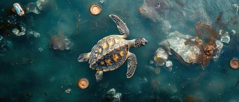 A sea turtle gliding through clear turquoise waters surrounded by rocks and marine vegetation. photo